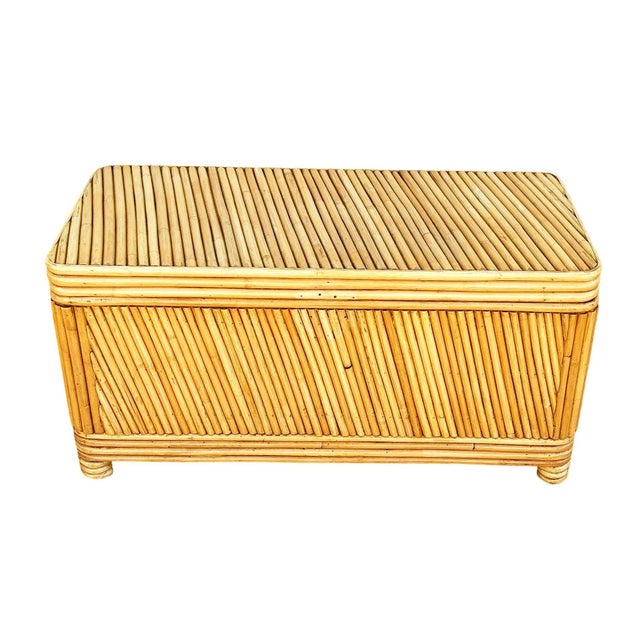Restored Mid-Century Split Reed Rattan & Pine Trunk W/ Brass Paktong Latch For Sale - Image 9 of 13