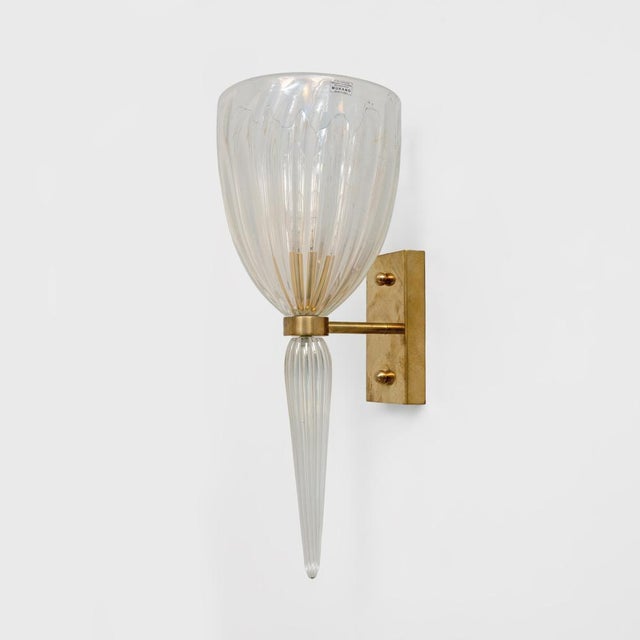 1990s Italian Murano Iridescent Glass and Brass Wall Sconces, 1990, Set of 2 For Sale - Image 5 of 10