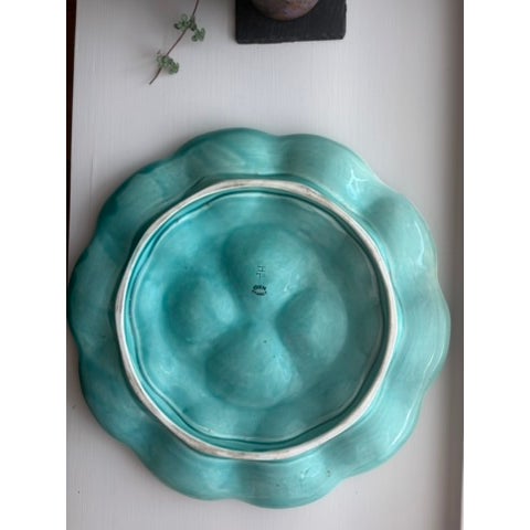 French Country Vintage Gien Turquoise Majolica Oyster Platter, France For Sale - Image 3 of 4
