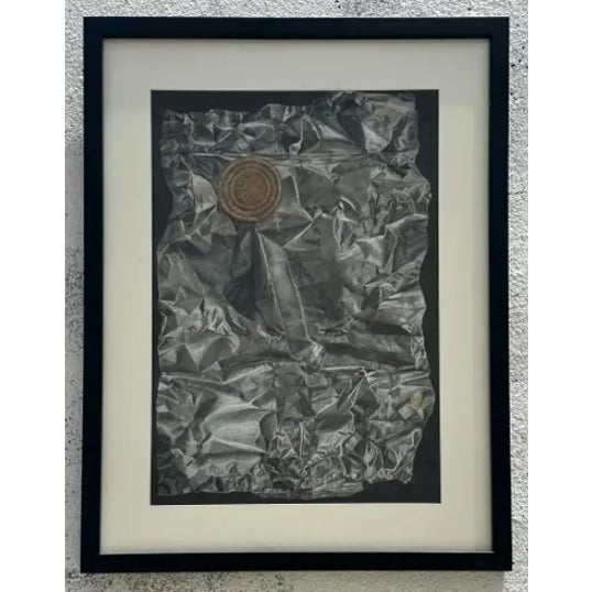 A mixed media drawing on paper combines various materials and techniques to create a rich, textured, and layered artwork...