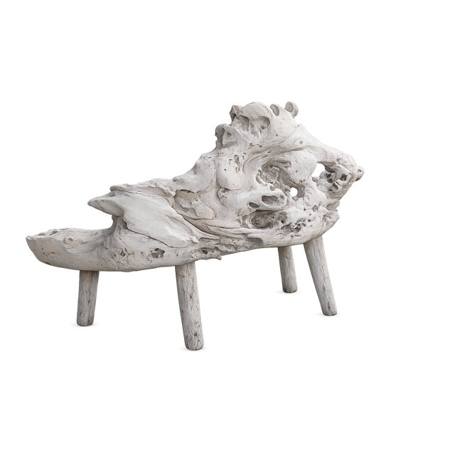 MAIN CHARACTER ENERGY A truly one-of-a-kind sculptural driftwood bench featuring a beautifully bleached finish, hand-...
