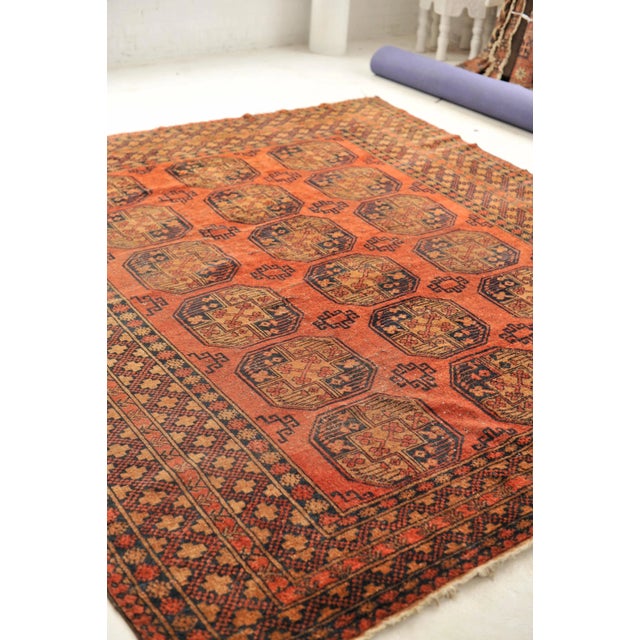 1940s Ersari Burnt Orange, Copper, Rust, Camel & Indigo Square Rug - 8.7 x 9.2 For Sale - Image 5 of 13