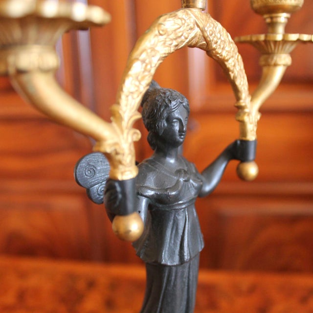Pair of Continental Classical Gilt and Black Figural Three Light Candelabra For Sale - Image 9 of 14