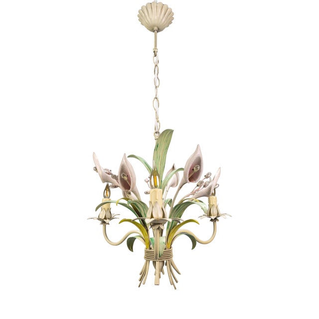 Hollywood Regency Pastel Color Callas Lily Flower Bouquet Metal Chandelier, 1970s For Sale