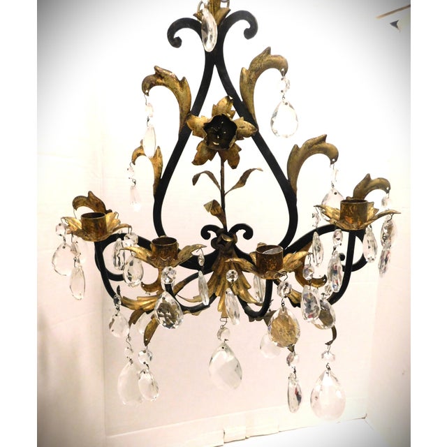 Black and Gold Gilt Metal Floral Wall Sconce, Teardrop Crystals, Candleholders For Sale - Image 14 of 14