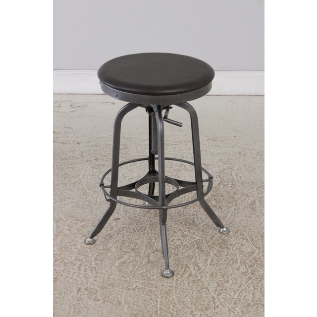 Industrial Set of 6 Restoration Hardware Adjustable Toledo Leather Seat Stools For Sale - Image 3 of 15