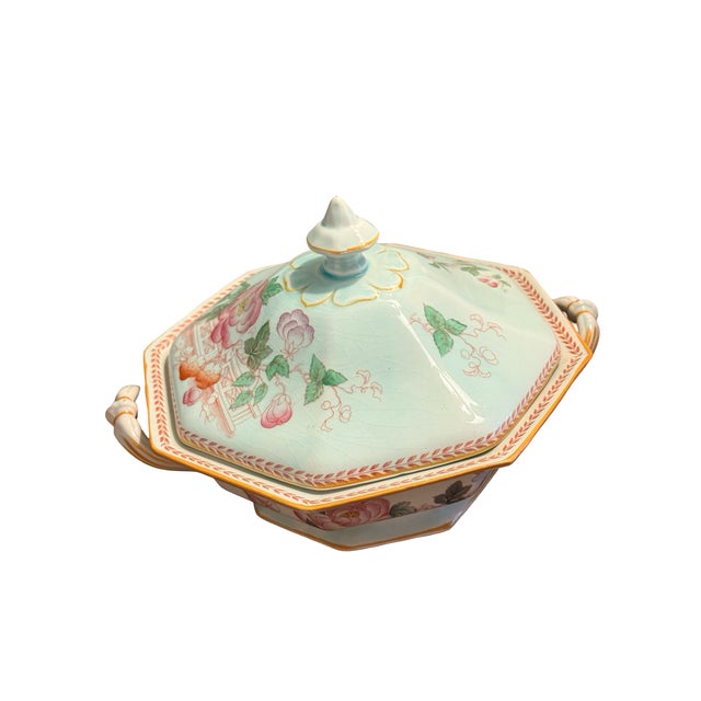 Vintage Chinoiserie Adams Calyx Ware Metz Aqua Blue Octagonal Covered Serving Dish For Sale - Image 10 of 11