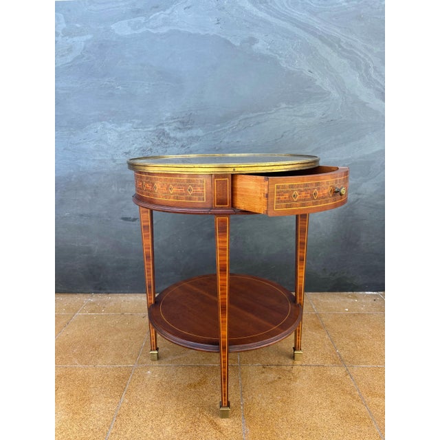 French Louis XVI Style Round Side Table with Marquetry and Drawer, 1930s For Sale - Image 13 of 13