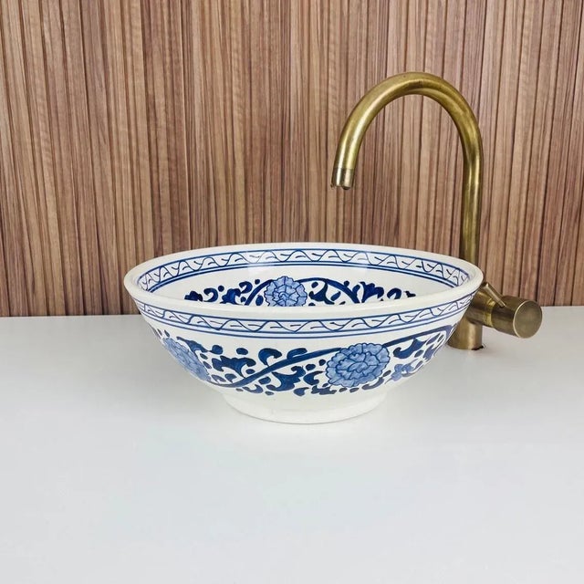 Moroccan Flower Ceramic Handmade Moroccan Blue Design Sink for Bathroom For Sale - Image 3 of 7