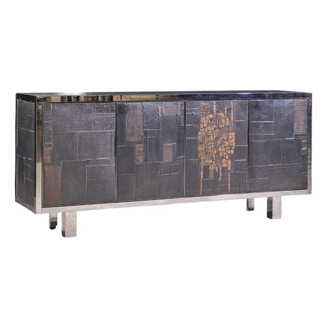 Pia Manu Brutalist Mid Century Steel, Chrome and Glass Credenza For Sale