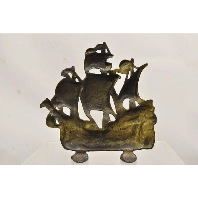 Victorian 1930 Creation Co Cast Iron Figural Painted Ship Boat Door Stop For Sale - Image 9 of 12