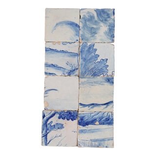 Antique 18th Century Portuguese Scenic Tiles With Rolling Hills & Botanical Details, Set of 8 For Sale