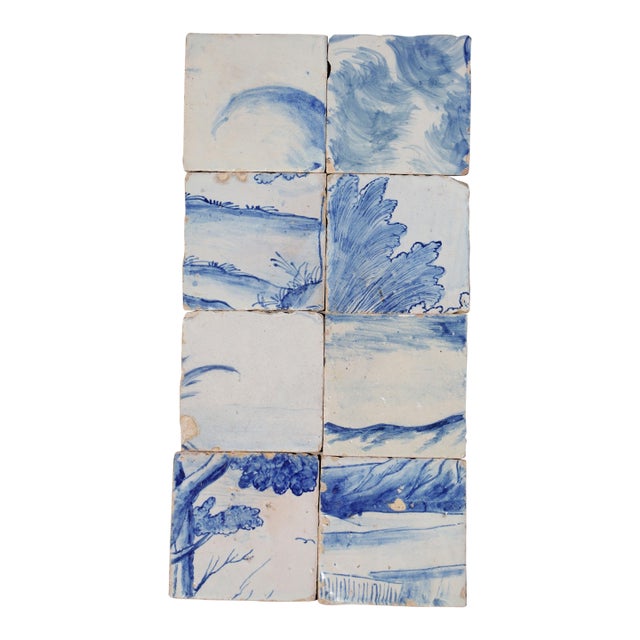 Antique 18th Century Portuguese Scenic Tiles With Rolling Hills & Botanical Details, Set of 8 For Sale