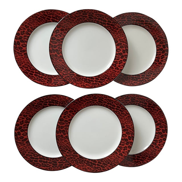 Leopard Border Porcelain Plates-Set 6-Neiman Marcus-2 Sets Available For Sale