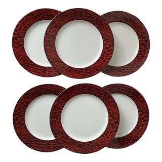 Red Leopard Border Porcelain Plates-Set 6-Neiman Marcus-12 Available For Sale