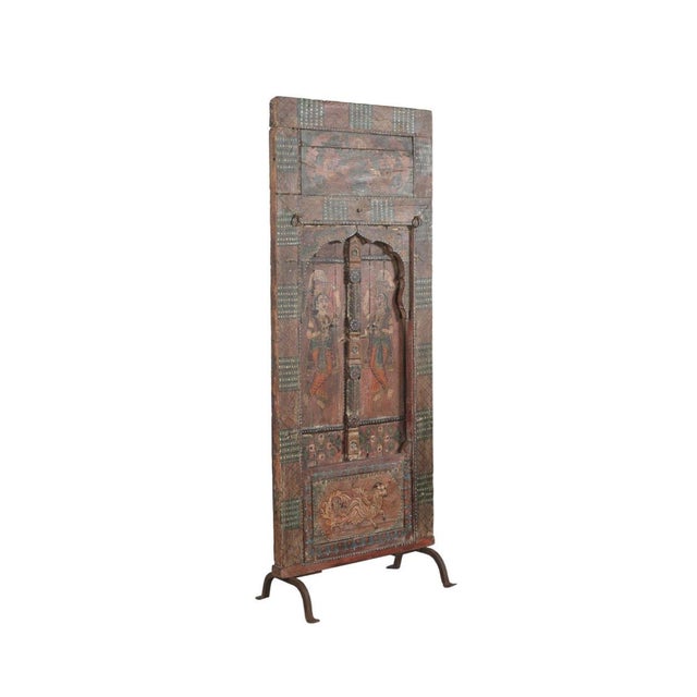 Indian Antique Indian Painted Teakwood Window Panel, Now on Iron Legs For Sale - Image 3 of 4