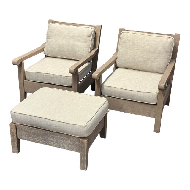 Restoration Hardware Outdoor Leagrave Lounge Chairs + Ottoman, Set of Three For Sale