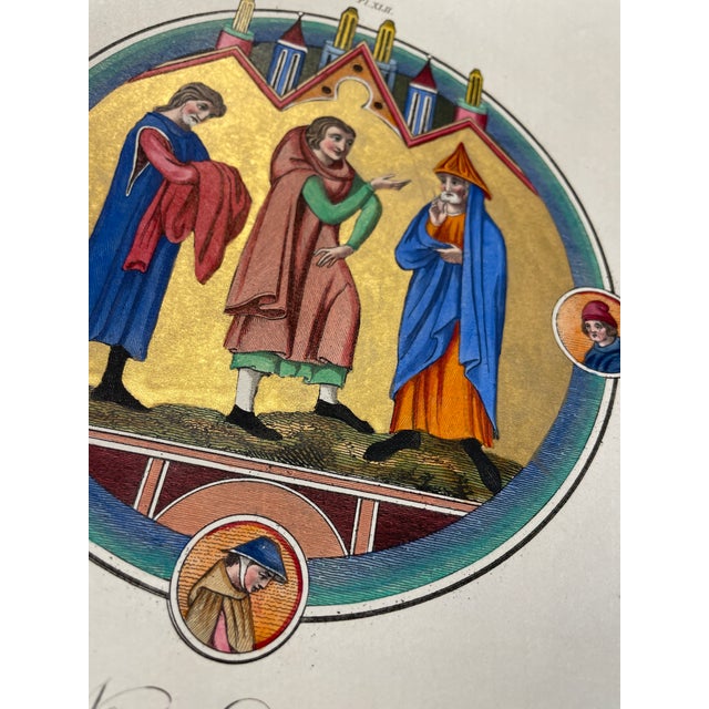 1842 hand colored engraving with gold paint from Joseph Strutt's (1749-1802) "A Complete View of the Dress and Habits of...