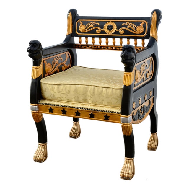 Vintage Ornate Egyptian Revival Black & Gold Chair W/Lion Heads For Sale