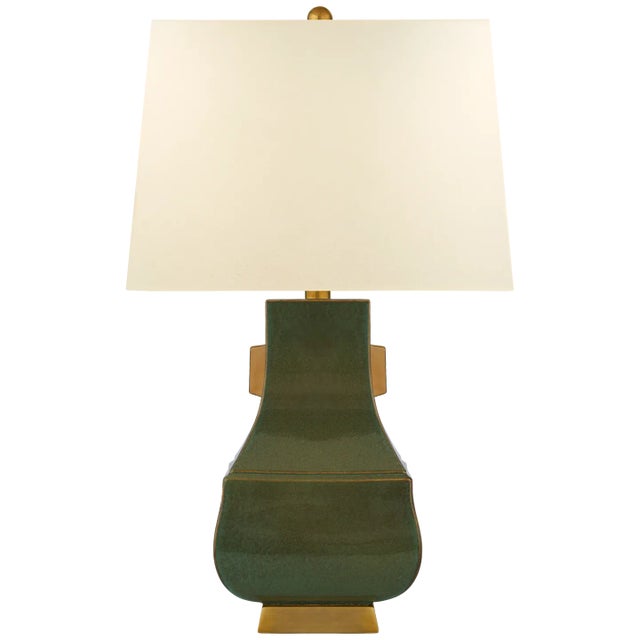Kang Jug Large Table Lamp in Oslo Green and Burnt Gold Accent with Natural Percale Shade Designer: Chapman & Myers Height:...