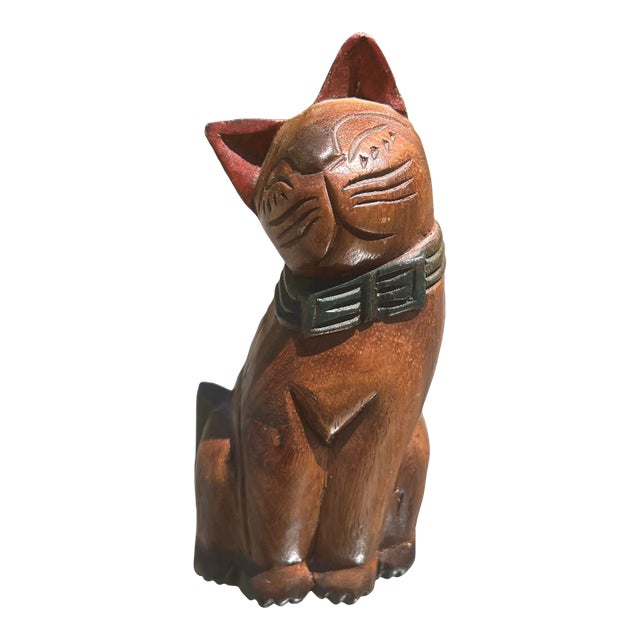 Vintage Hand-Carved and Painted Wooden Folk Art Cat Figure For Sale