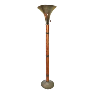 Vintage Mid Century Modern Russell Wright Bamboo & Brass Torchiere Floor Lamp