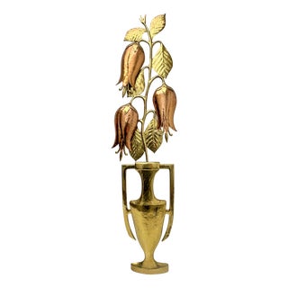 Vintage Brass and Copper Wall Sculpture Flowers in Vase, 1970s For Sale