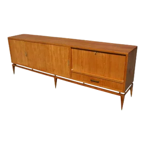 1950s Italian Walnut and Brass Buffet Sideboard With Bar