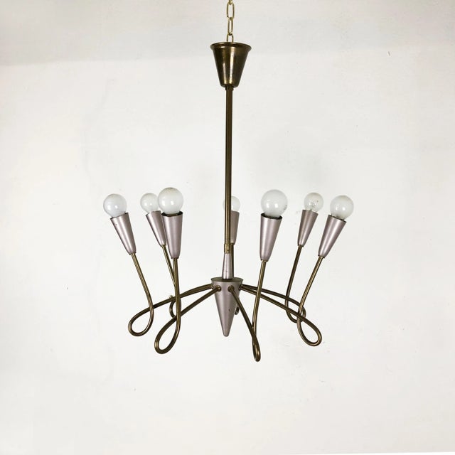 Stilnovo Large Italian Brass Hanging Chandelier Light Sconces in the Style of Stilnovo, 1950s For Sale - Image 4 of 18