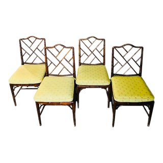 1970s Set of 4 Caned Faux Bamboo Wood Dining Chairs For Sale