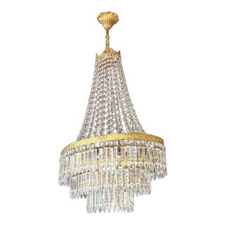 Antique Art Nouveau Low Oval Plafonnier Crystal Chandelier Brass Lustre Ceiling For Sale