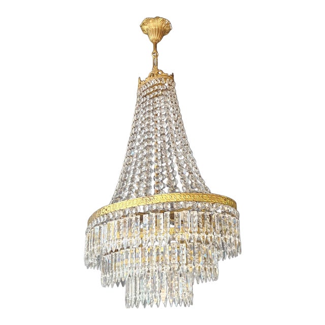 Antique Art Nouveau Low Oval Plafonnier Crystal Chandelier Brass Lustre Ceiling For Sale