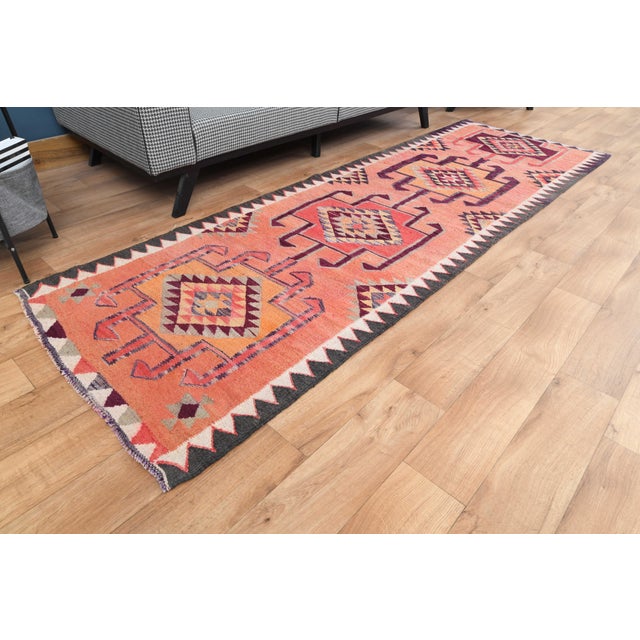1970s Vintage Handmade Wool Cotton Pink Runner Rug For Sale - Image 9 of 11