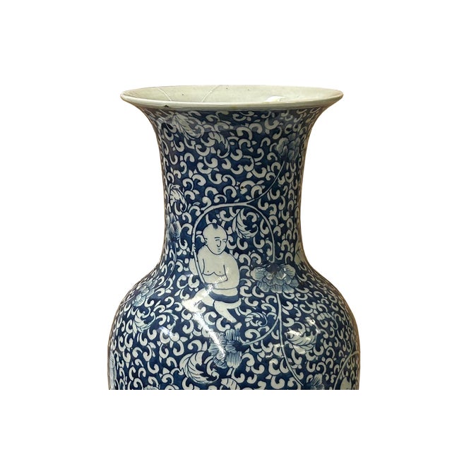 Blue Oriental Blue White Kids Among Flower Graphic Porcelain Art Vase For Sale - Image 8 of 15