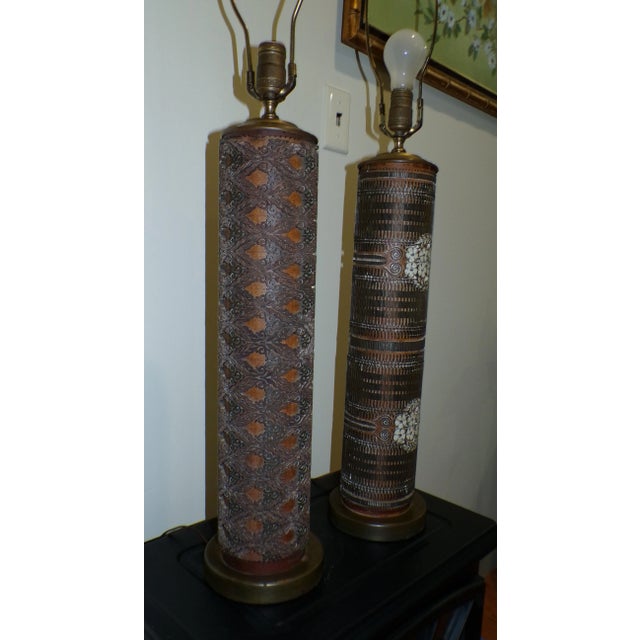 Vintage Pair Wallpaper Printing Roller Table Lamps Antique Roller Cylinder Lamps Heavy, made from a vintage roller for...
