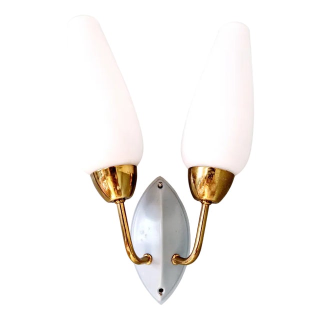 Vintage Double Wall Light in Brass and White Opaline, 1950s For Sale