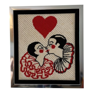 Vintage Needlepoint or Cross-Stitch Artwork Featuring an Art Deco-Style Kissing Couple Beneath a Red Heart For Sale