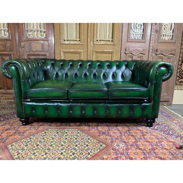 Vintage Mid Century English Green Leather Chesterfield 3 Seat Sofa