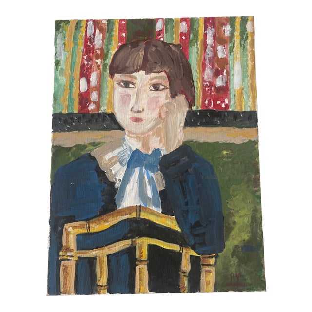 Contemporary Expressionist Painting of a Young Girl Sitting on a Chair Signed S Louis France For Sale