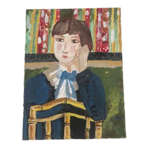 Contemporary Expressionist Painting of a Young Girl Sitting on a Chair Signed S Louis France