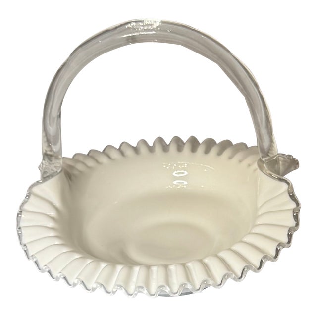Vintage Fenton Silver Crest Milk Glass Handled Basket – Ruffled Edge Brides Basket (1970s) For Sale