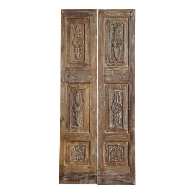 Antique Hand-Carved Floral French Doors in Distressed Wood – Sliding or Hinged 80x36 For Sale
