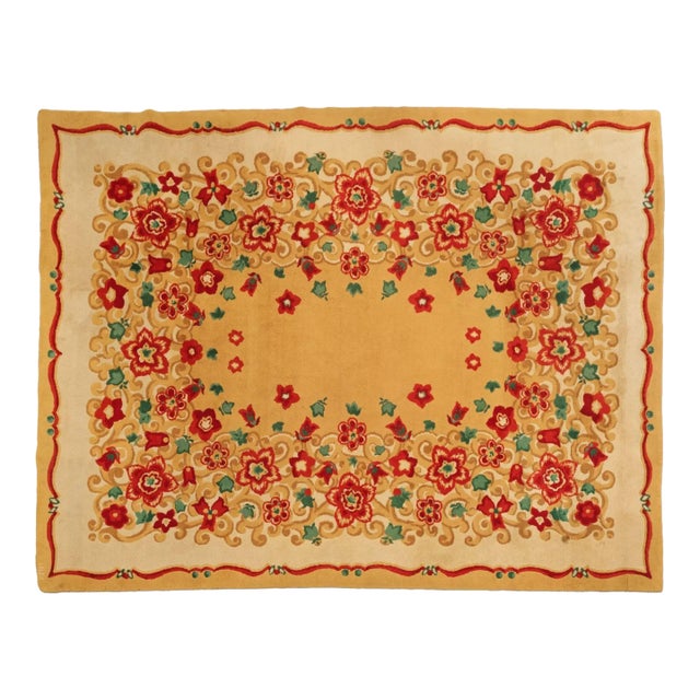 Signed Paule Leleu Vintage Art Deco Rug in Gold With Florals - Rug & Kilim For Sale