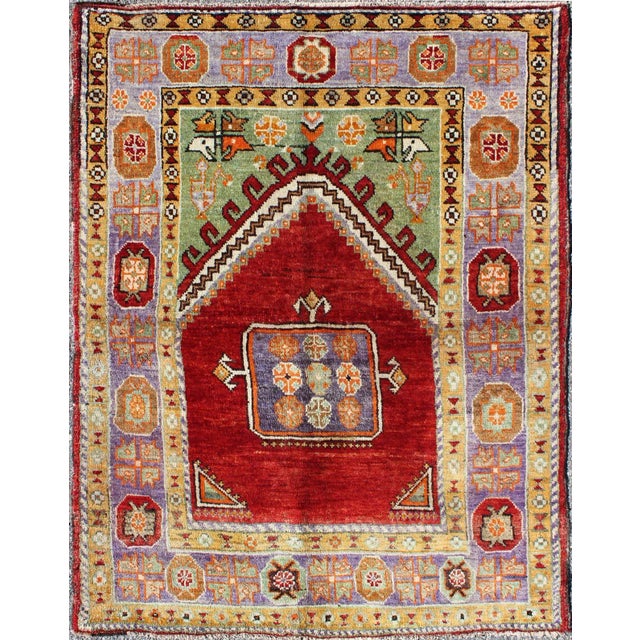 Textile 1930's Antique Prayer Design Turkish Rug in Colorful Geometric Pattern For Sale - Image 7 of 7