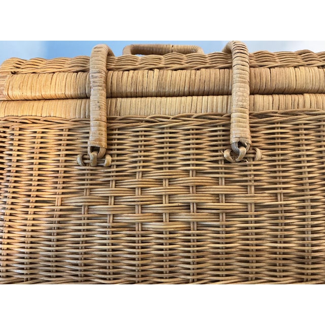 Wood Vintage Wicker Picnic Basket With Double Handles & Latching Straps For Sale - Image 7 of 11