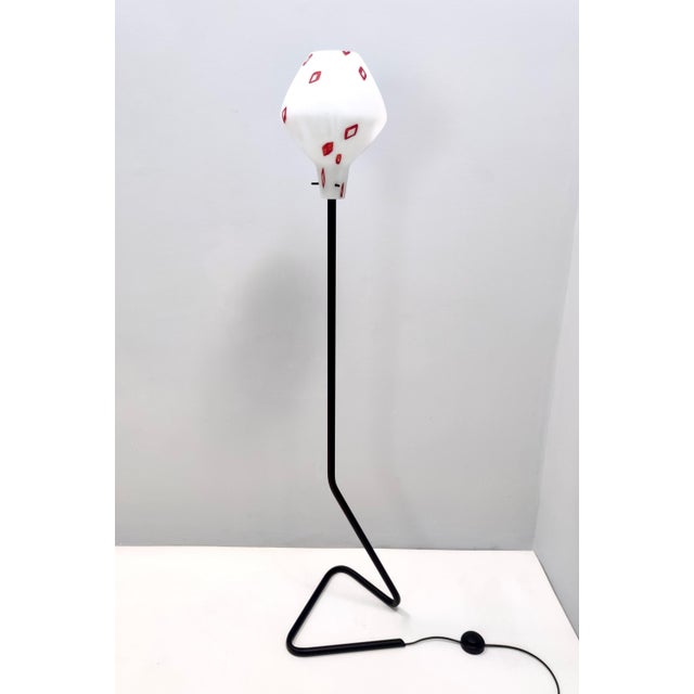 1950s Vintage Floor Lamp with Encased Glass Shade with Red Geometrical Motifs, Italy, 1950s For Sale - Image 5 of 15