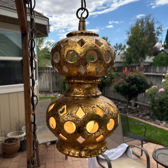 Nardini Studios Nardi Studios Mid Century Double Gourd Pierced Gilt Ceramic Swag Hanging Lamp For Sale - Image 4 of 4