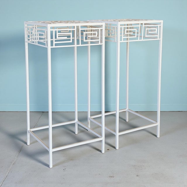 Pair of Vintage Coastal Regency Greek Key Plant Stands For Sale - Image 11 of 12