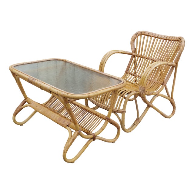 Set of Vintage Armchair and Table in Rattan by Rohe Noordwolde, 1960s For Sale