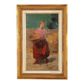Oil on Panel Painting of a Peasant Woman With Basket, Artist Signed, C1900 For Sale